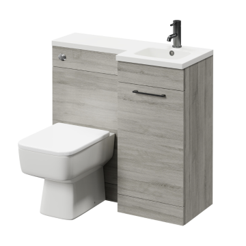 Napoli Combination Molina Ash 900mm Vanity Unit Toilet Suite with Right Hand L Shaped 1 Tap Hole Basin and Single Door with Gunmetal Grey Handle